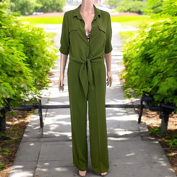 La Diosa Olive Green Tie Front Cropped Top 2-Piece Pant Set - Picture 8 of 16